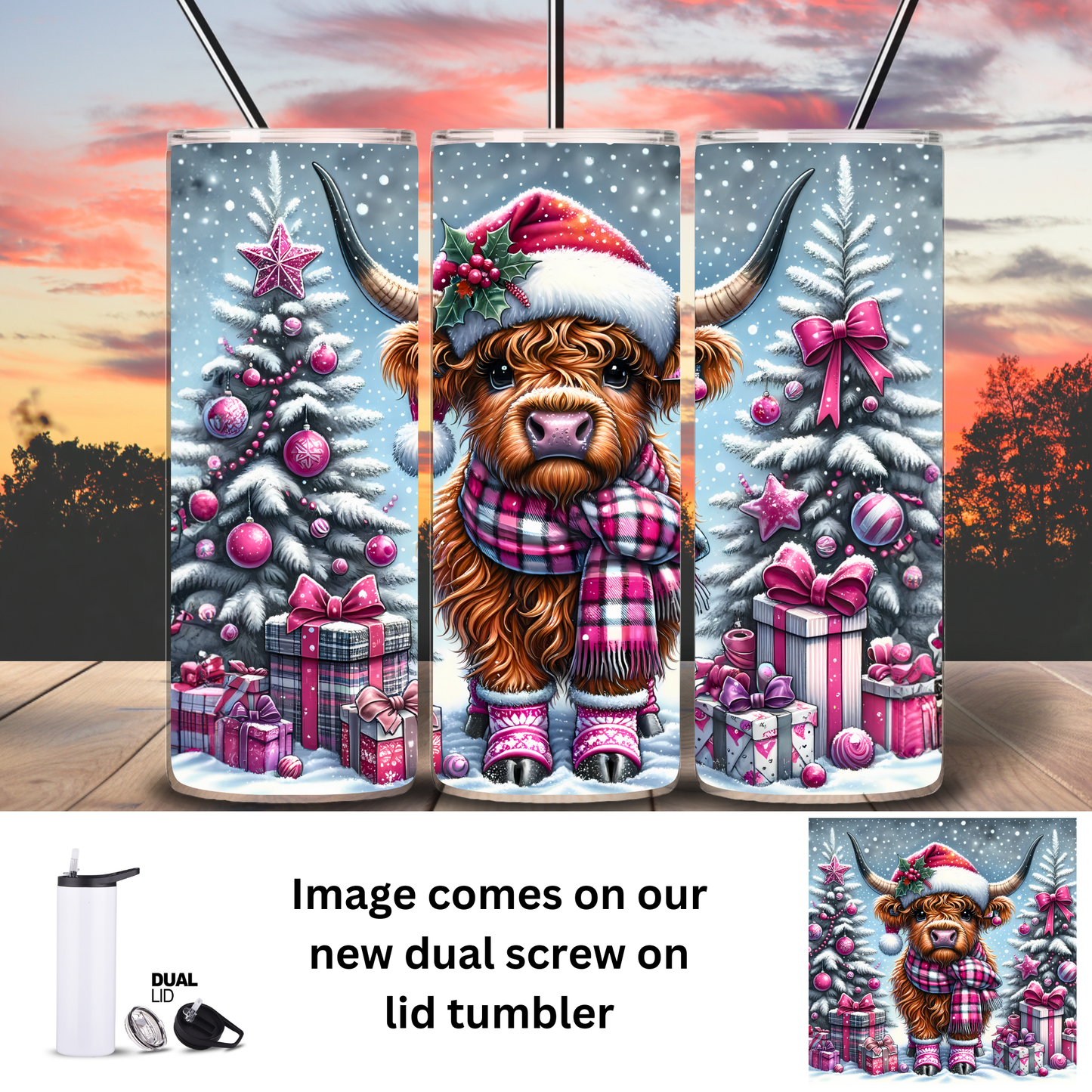 Tumbler | Highland Cow | Pink Christmas