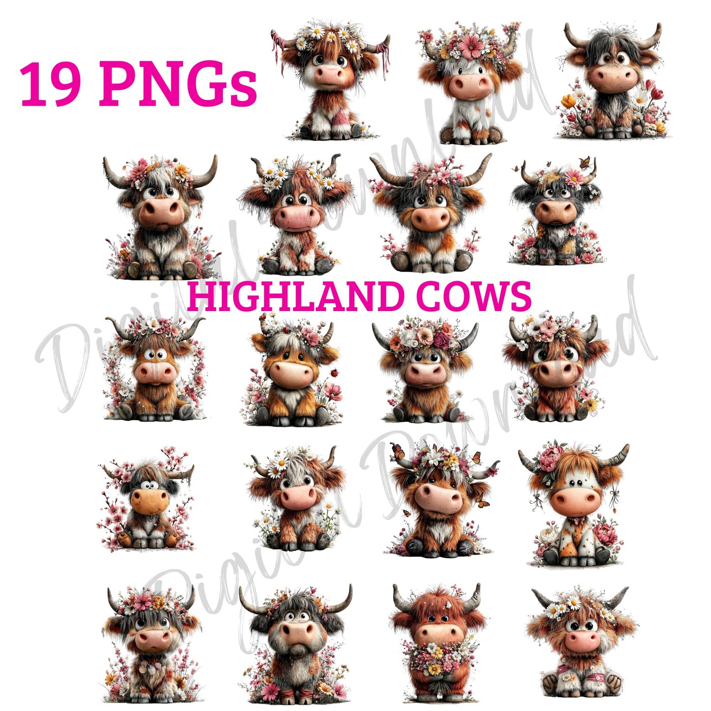 Digital Download | Highland Cow | 19 PNG Files