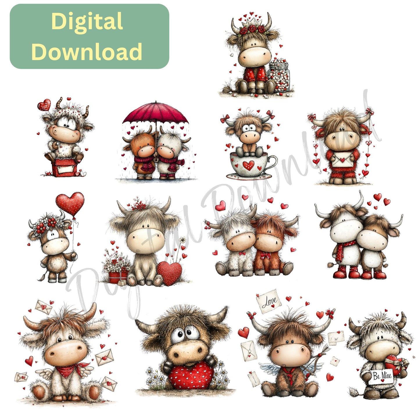 Digital Download | Whimsical Valentine Cows | 31 PNGs