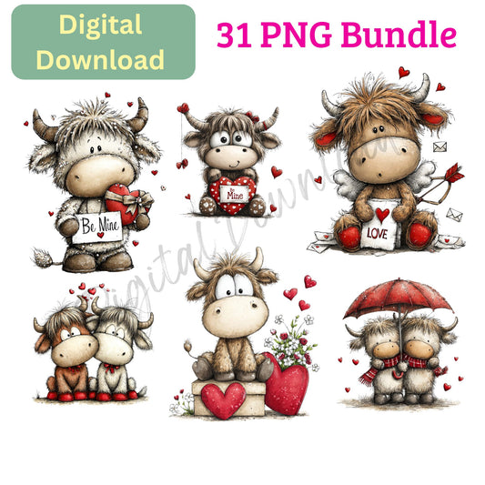 Digital Download | Whimsical Valentine Cows | 31 PNGs
