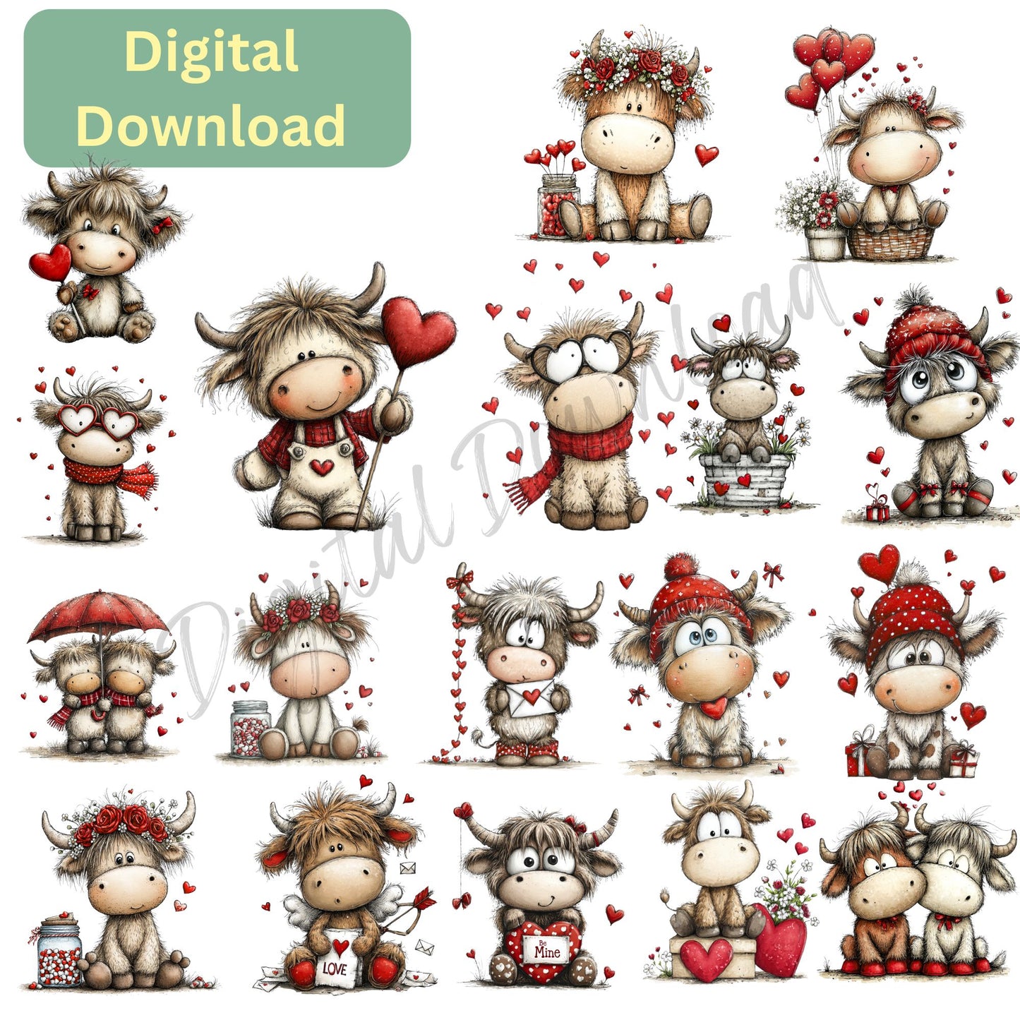 Digital Download | Whimsical Valentine Cows | 31 PNGs